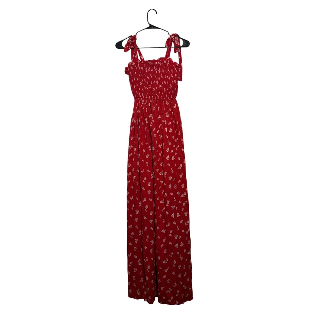 Forever 21 Cottagecore Red Floral Tie Strap Maxi Dress Smocked Women's Small NWT